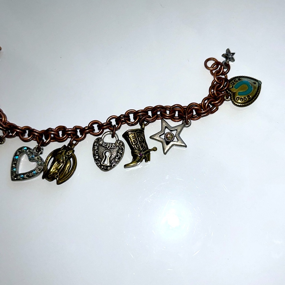 Designer Sweet Romance Equestrian Theme 10 Charm Brass Copper Nickel Bracelet - Picture 8 of 12